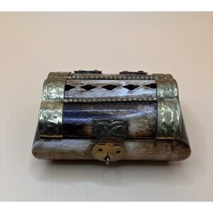 Vintage Mini Camel Bone Trinket Jewelry Box With Brass Miniature